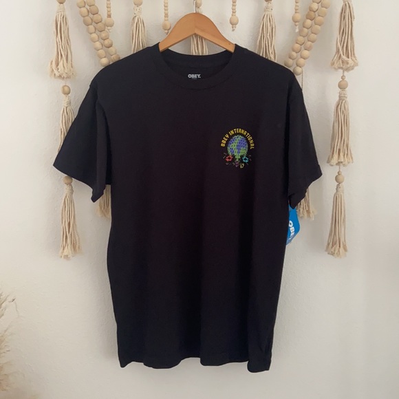 Obey floral globe black tee shirt mens short sleeve t-shirt small NWT - Picture 2 of 8